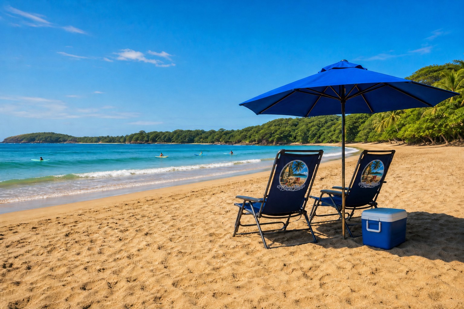 Playa Vida beach chairs and umbrella set up on the golden sand of Playa Tamarindo with gentle turquoise surf