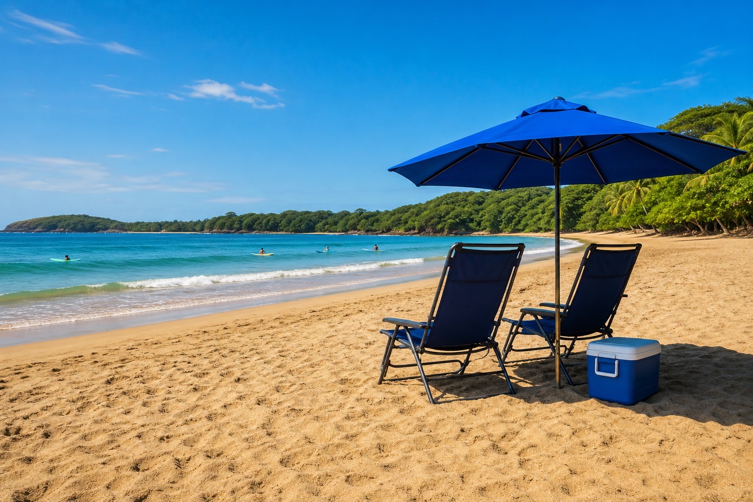 Playa Vida beach chairs and umbrella set up on the golden sand of Playa Tamarindo with gentle turquoise surf