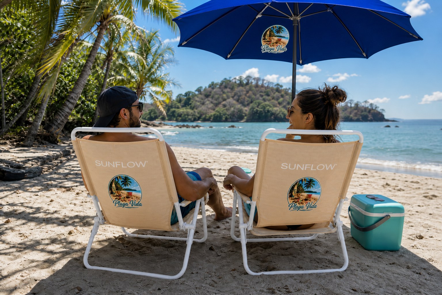 Couple relaxing under a Playa Vida blue umbrella with cooler nearby