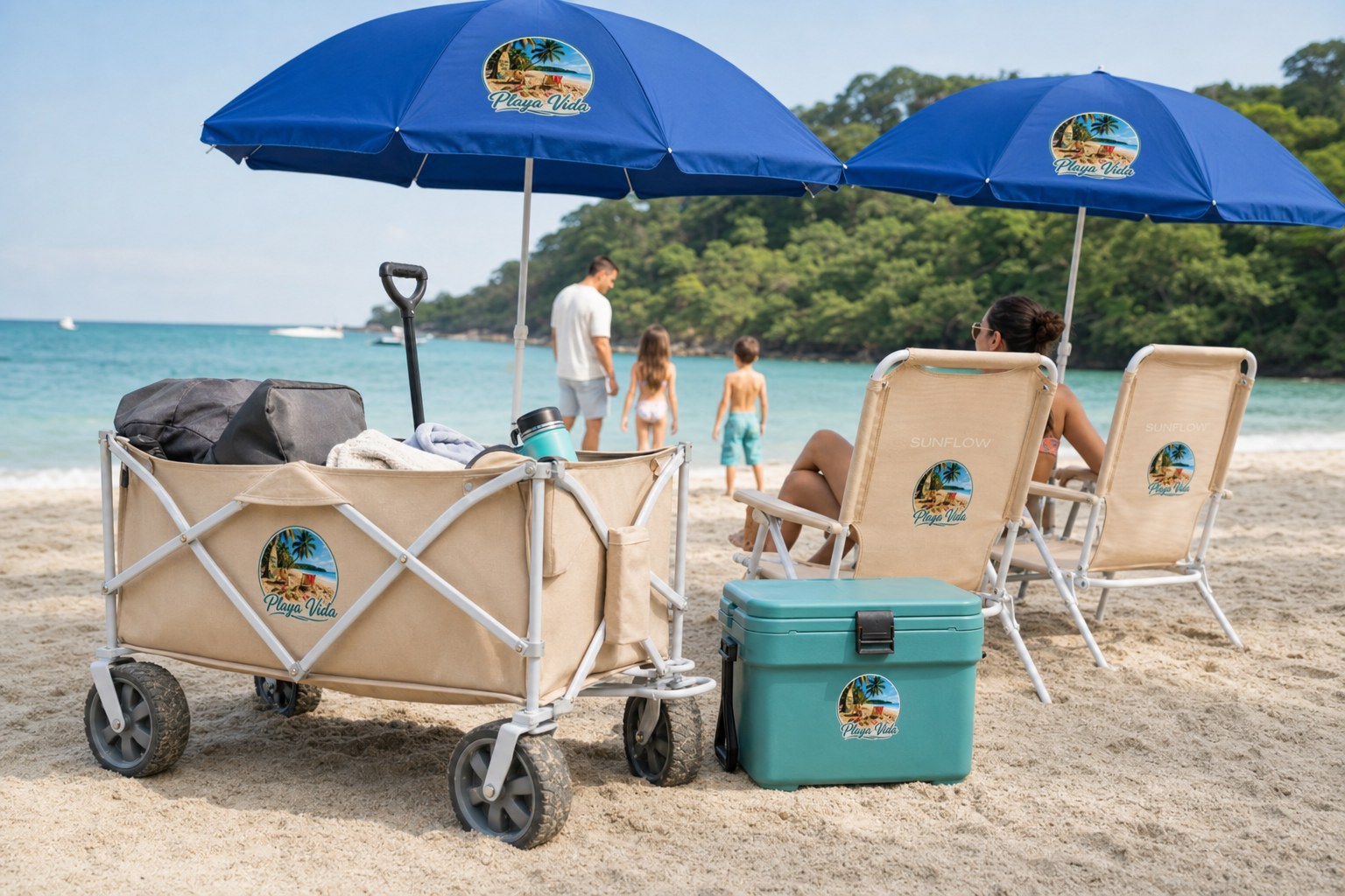 Family beach day with Playa Vida chairs, umbrellas, and wagon