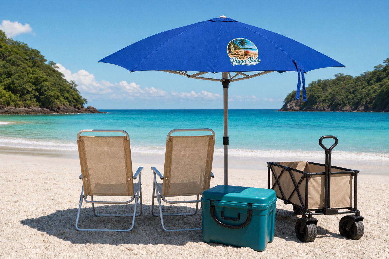 Playa Vida beach chairs and royal-blue umbrella set up on the sand