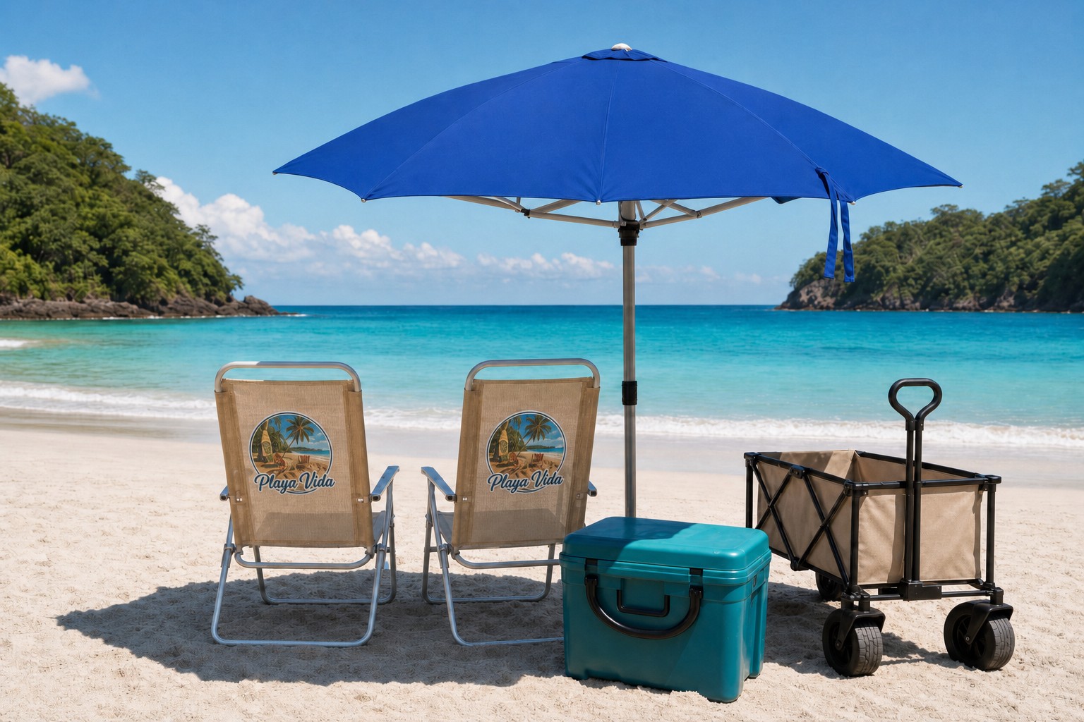 Playa Vida chairs and royal-blue umbrella set up on a sunny Costa Rica beach