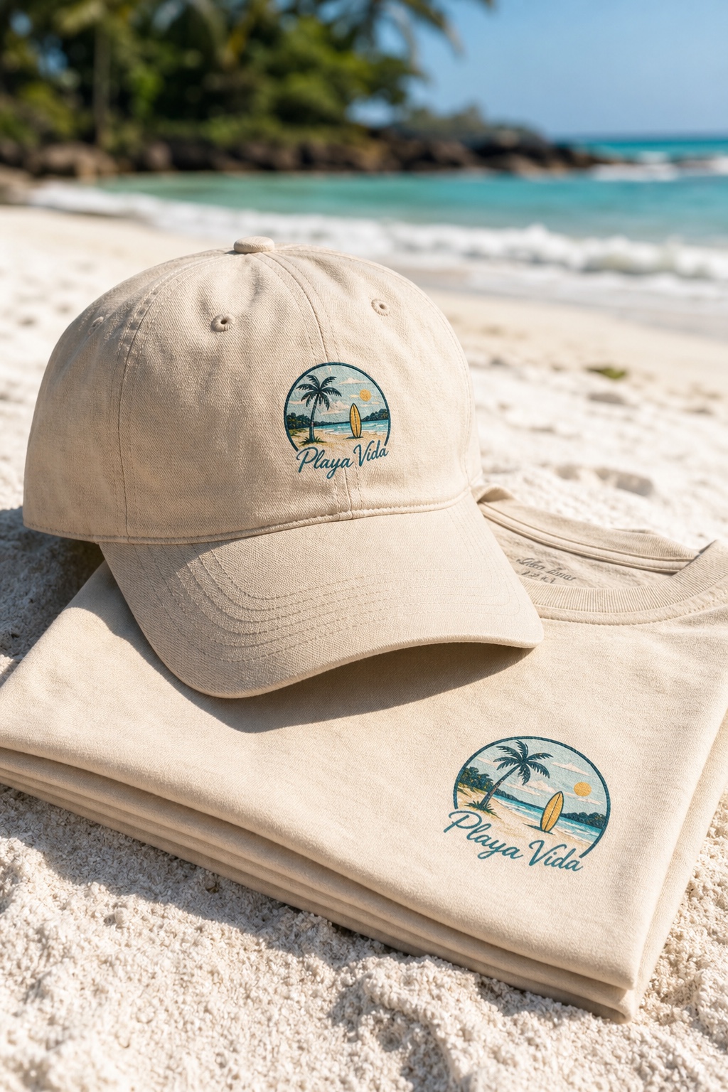 Playa Vida cream tee and sand baseball cap on the beach