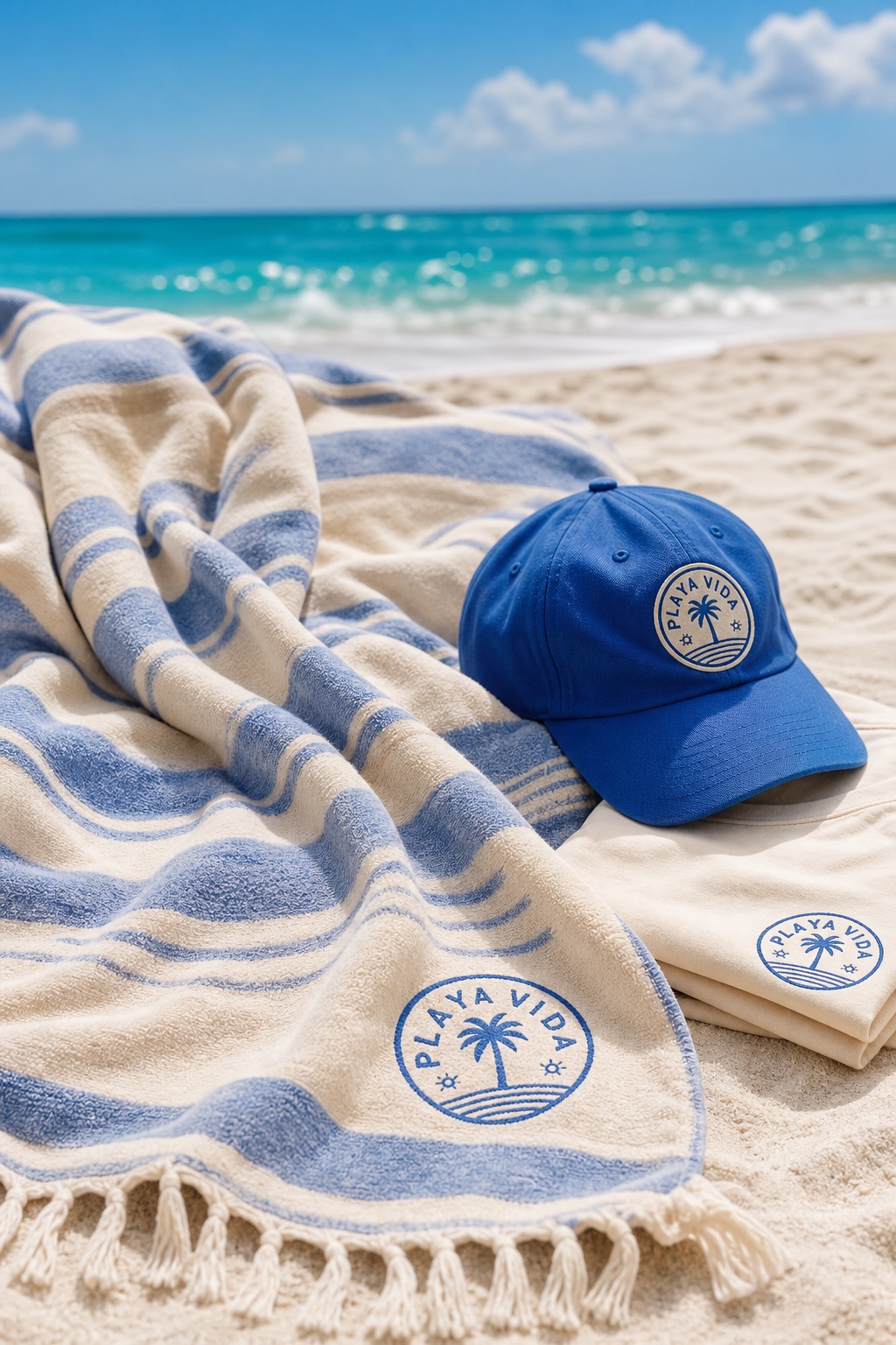Playa Vida striped beach towel with branded hat and tee